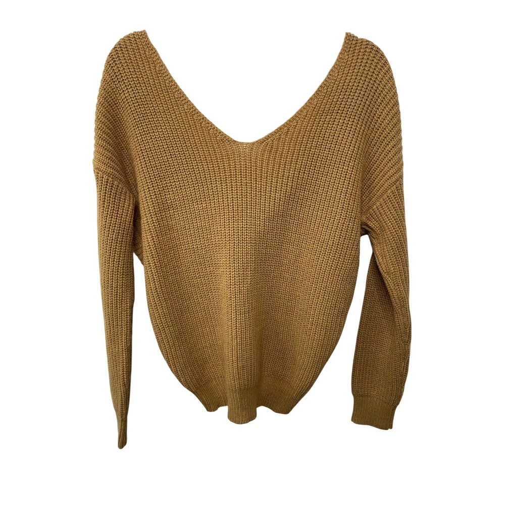 LOVE TREE Camel Brown Knit Deep V Neck Long Sleeve Sweater Twist Scrunch Back M